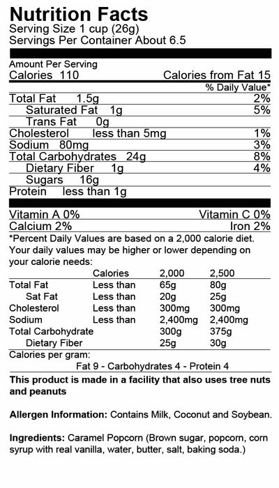 Just Poppin Popcorn - Crazy Caramel Popcorn Nutritional Label