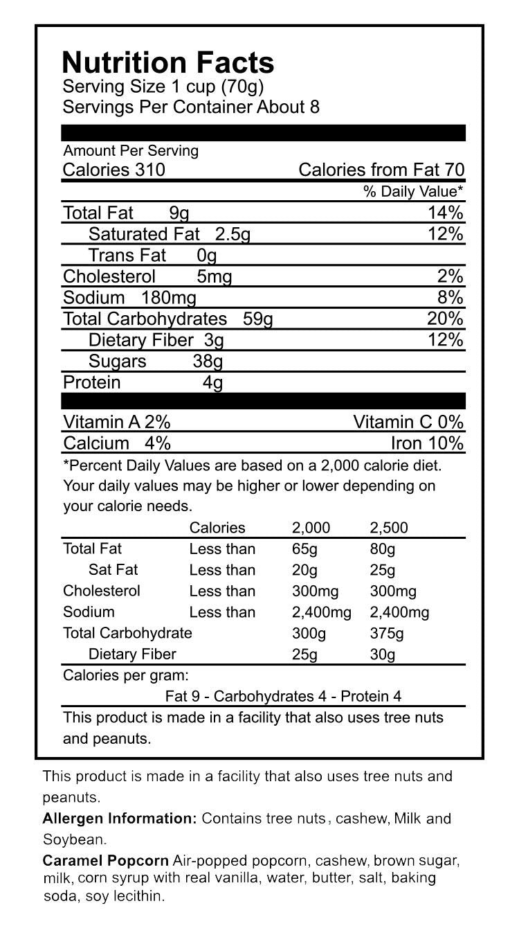 Just Poppin Popcorn - Cashew Caramel Popcorn Nutrition Label