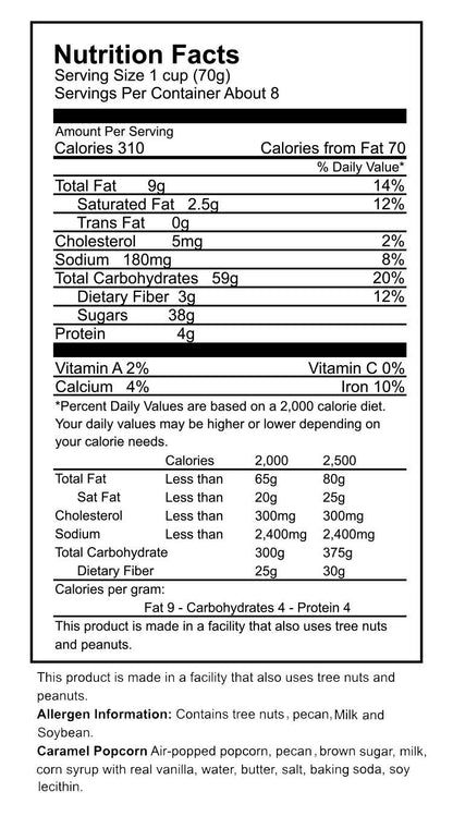 Just Poppin Popcorn - Pecan Caramel Popcorn Nutritional Label