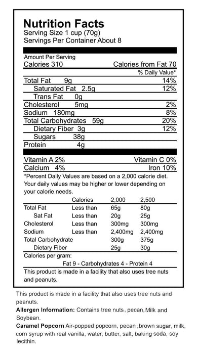 Just Poppin Popcorn - Pecan Caramel Popcorn Nutritional Label
